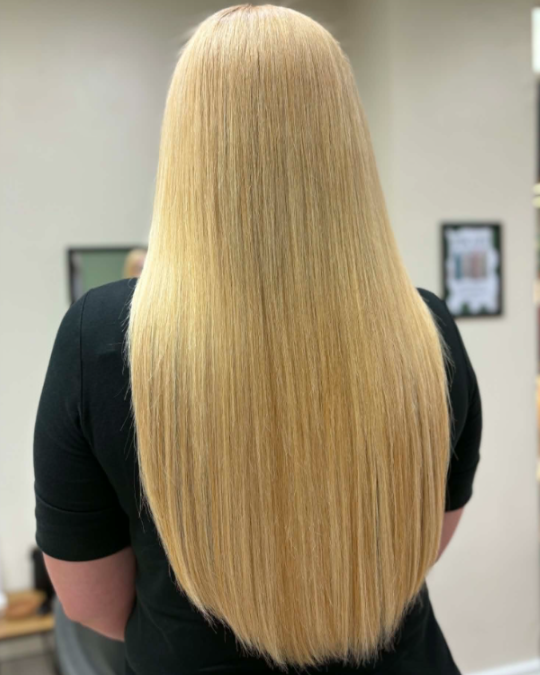 long, blonde professionally fitted tape hair extensions at melanie richards salon peterborough